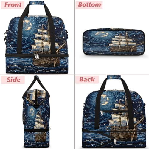 Fantasy Pirate Ship Foldable Duffle Bag with Shoes Compartment Large Capacity Waterproof Travel Weekender Bag Overnight Bag for Sports Gym3