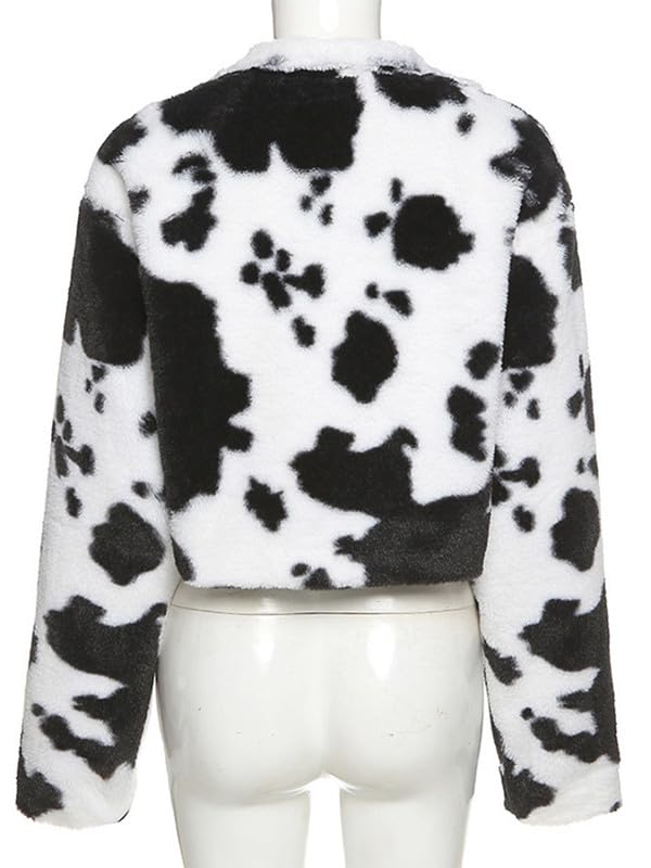 BAIMORE Women's Fuzzy Black and White Polka Dot Stand Collar Open Front Crop Faux Fur Coat4