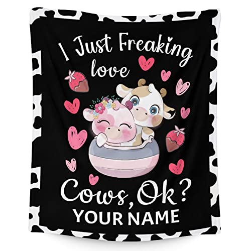 Personalized Cow Blanket Gifts with Name - 50"x60" Cute Throw for Women, Girls - Black Soft Fuzzy Blankets for Bed, Couch & Living Room