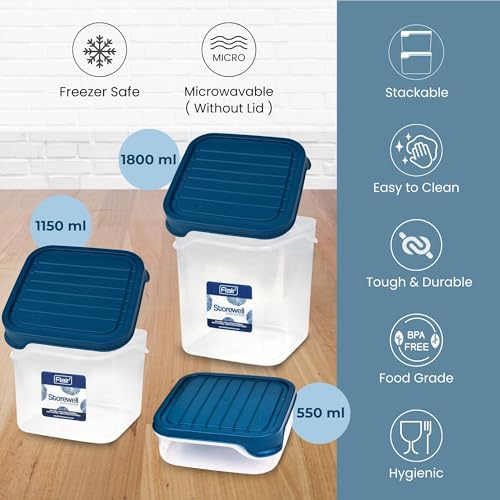 Image of FLAIR Storewell Square Plastic Food Storage Container Set, Airtight Kitchen Containers for Rice, Atta & Grains, BPA-Free, Food Grade Storage Boxes (Blue, Set of 3 (.55L, 1.15L, 1.8L))