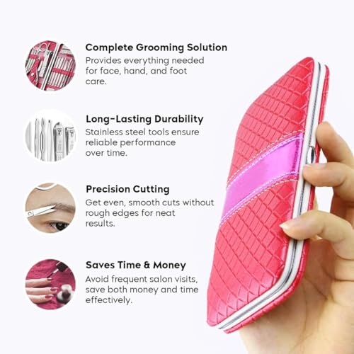 Image of Gleva 18 Pieces Stainless Steel Manicure Kit, Nail Cutter Set, Manicure Pedicure Kit, Manicure Set, Personal Care Nail Clipper Kit, Nail Kit, Nail Tools with Leather Travel Case For Men & Women (Dark Pink)