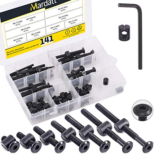 Mardatt Kit de 140 vis de rechange M6 pour berceau, boulons hexagonaux, boulons et écrous cylindriques, assortiment de chevilles cruciformes M6 x 15/25/35/45/55/65/75 mm pour meubles Cover