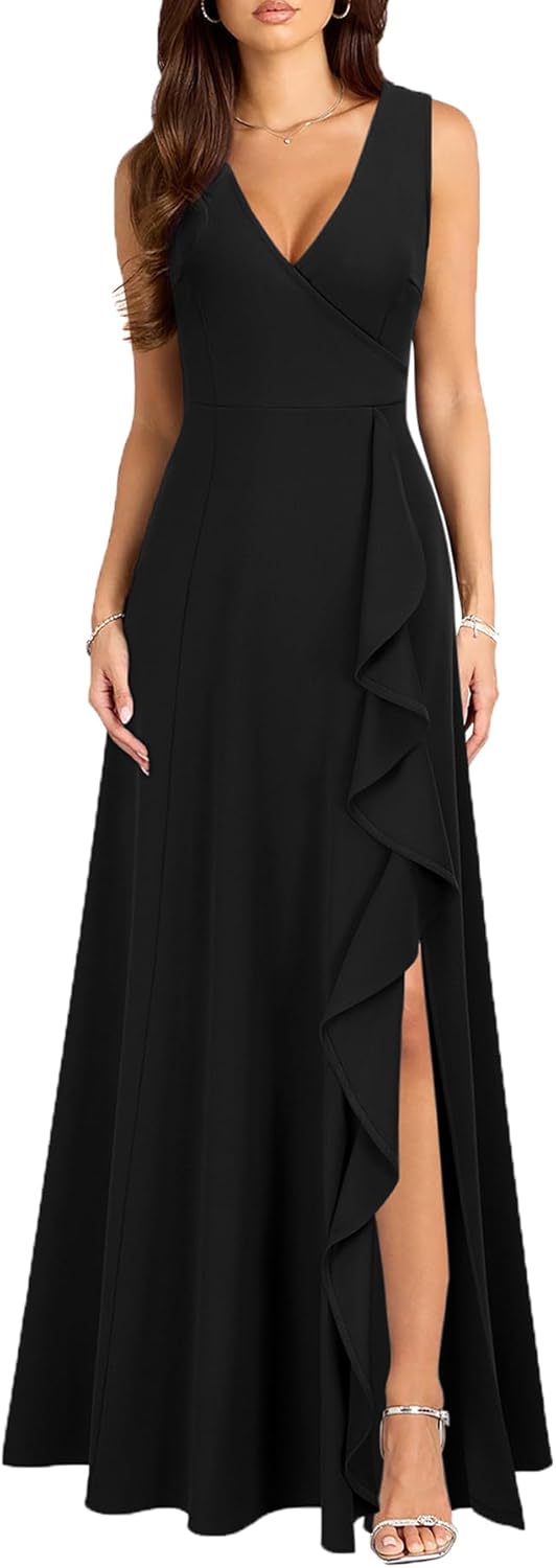 MUSHARE Women's V Neck Sexy Split Cocktail Dress with Pockets Ruffle Party Long Formal Dress