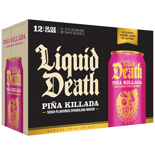 Image of Liquid Death Soda-Flavored Sparkling Water - Pina Killada (Classic Pina Colada), Less Sugar*, Huge Flavor, No Caffeine, No Artificial Sweeteners, 12 Fl Oz (Pack of 12)