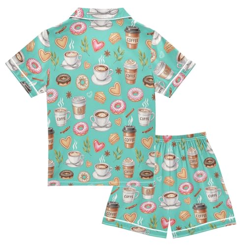 Satin Pajama Sets Short Sleeve Coffee Donuts Treats Pattern Button Down Silky Nightwear 2 Piece PJS 5-14Y2
