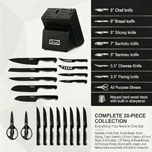 McCook® Premium Black Knife Sets,German Stainless Steel Kitchen Knives Block Set with Built-in Sharpener, 20-Piece Razor-Sharp Kitchen Knives with Ergonomic Handles, Elegant Box for Gift, Black by McCook - Image 2
