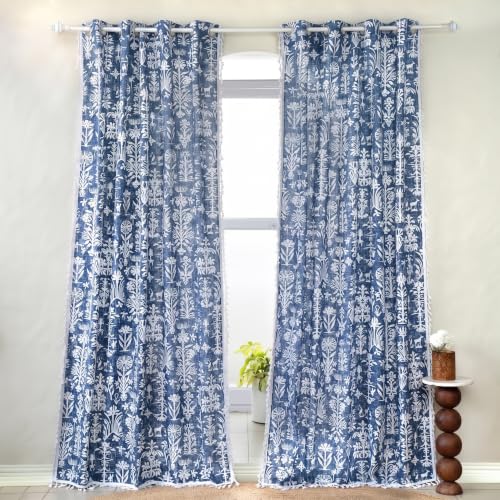 Image of Tranquebar Curtain Co. 244 cm (8 Feet), Cairo Blue, 1 Piece, 100% Cotton Fabric, Eyelet- Door Curtain 8 Feet,Eyelets,Kids Room,Living Room
