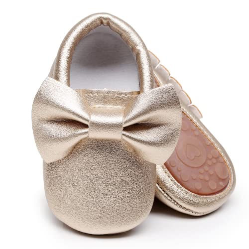 HONGTEYA Baby Moccasins with Rubber Sole&Soft Sole - Flower Print PU Leather Tassel Bow Girls Ballet Dress Shoes for Toddler