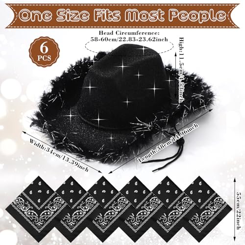 Image of Coume 12 Pcs Sparkly Adults Cowboy Hat and Bandanas Women Men Western Glitter Cowgirl Party Hats with Adjustable Drawstring