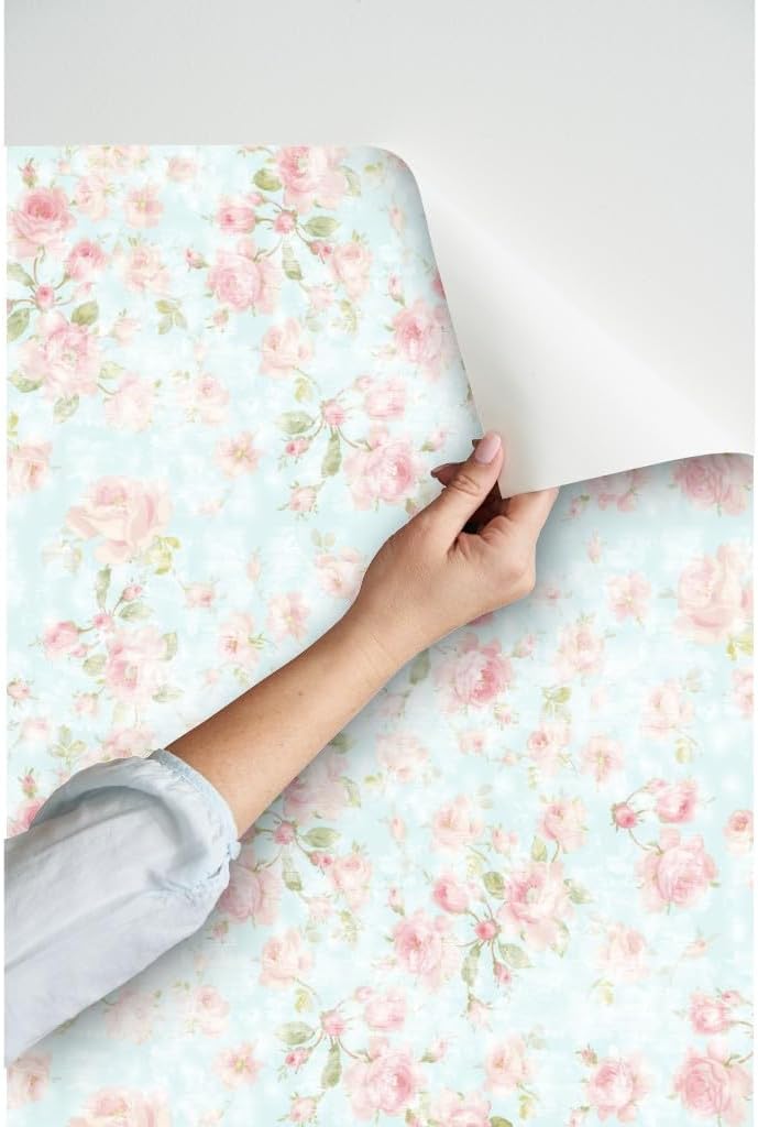 Spoonflower Peel & Stick Wallpaper Swatch - Romantic Rose Shabby Chic Retro 90S Pink Floral Faded Blue Pastel Chintz Cottagecore Custom Removable Wallpaper