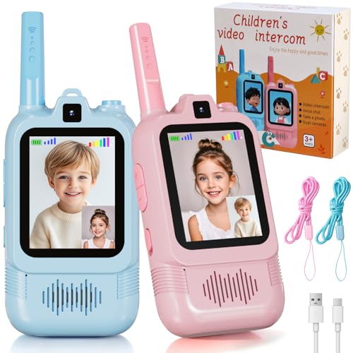 Shertang Walkie Talkies Infantiles con Videollamada, Pantalla 2.0 Pulgadas, Recargables, Alcance 300m, para Niños 3-8 Años, Azul/Rosa
