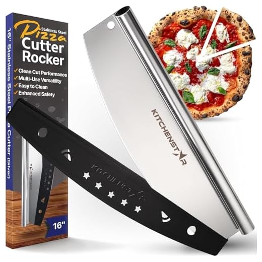 16" Pizza Cutter by Kitchenstar | Sharp Stainless Steel Slicer Knife - Rocker Style w Blade Cover | Chop and Slices Perfect Portions + Dishwasher Safe - Premium Pizza Accessories