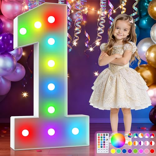 Image of 3FT Colorful Marquee Numbers,18-Color Number 1 with Remote Control Large Light Up Numbers Sign,Pre-Cut Foam Board Set for Party Decoration, Birthdays, Weddings, Graduations, Baby Anniversaries