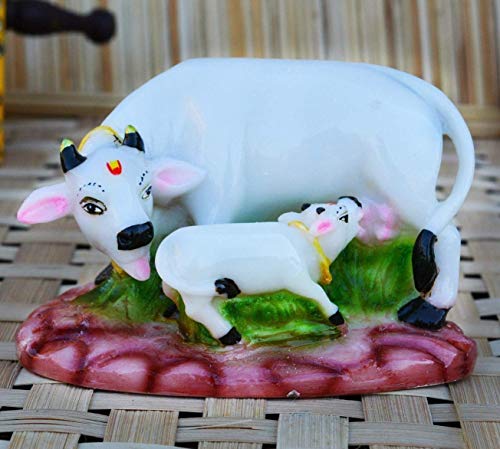 Image of Handmade Showpiece Polyresin White Cow and Calf Idol and Figurines for Spiritual Vaastu Pooja Decorative Sculpture for Puja Gifts & Decoration Items for Home Decor (White Cow)