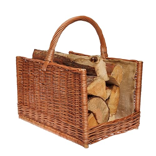 BOGATECO Cesta de mimbre con mango cuadrado | Cesta grande para chimenea 51X35X33 | Tejido a mano | Cesta de madera forrada con yute | Cesta para leña