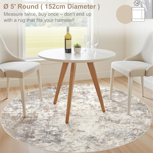5ft Round Area Rug Living Room Rugs - 5x5 Washable Neutral Modern Abstract Soft Thin Rug Indoor Floor No Slip Rug Carpet for Bedroom Under Dining Table Home Office Decor - Brown Grey