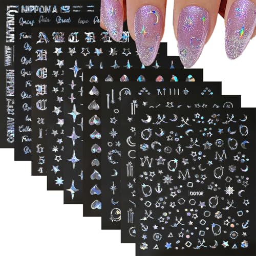12 Sheets Star Moon Nail Stickers Aurora Nail Art Stickers Silver Letter Heart 3D Self Adhesive Nail Decals for Nail Art Holographic Nail Design for Women DIY Manicure Decorations