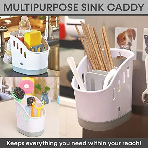 Kitchen Sink Sponge Holder, Dish Soap Caddy Organizer Kitchen Sink Basket Organization with Removable Compartment Non-Slip Base, Sponge Holders for Sink with Holes for Brush Sink Utensil Holder