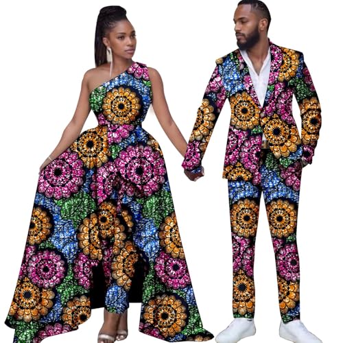 African Wedding Dresses Ankara Printed Fabric Men's Suit Matching Pants 2 Piece Set Women's Party Dresses Coupleswear