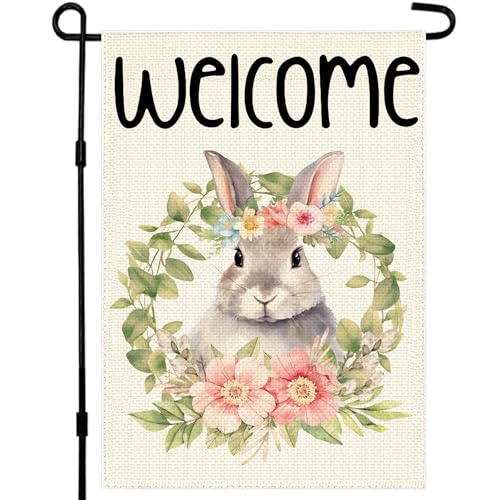 Happy Easter Wreath Bunny Garden Flag 12x18 Inch Double Sided Easter Holiday Yard Outdoor Decoration Outside Farmhouse Holiday Decors for Spring