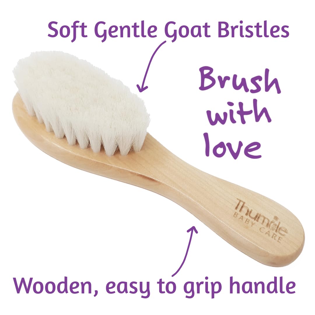 Brosse à Cheveux Bébé Poils de Chèvre Doux | Brosse Douce pour Nouveau-Né & Croûtes de Lait | En Bois Naturel Sans Plastique | Thumble Baby Care | Cadeau Baby Shower