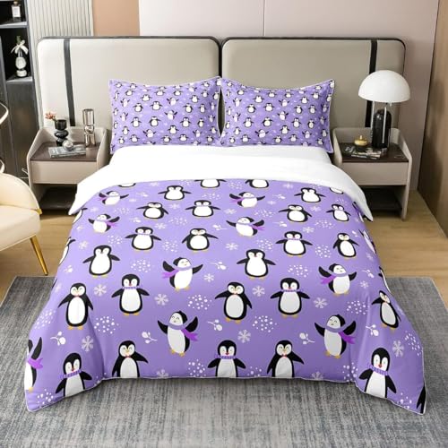 Homewish Housse de Couette en Coton Pingouin, Parure de Lit 140x200 Kawaii Penguin, Ensemble de Literie Antarctique pour Enfants Garçons Filles Ados, Couvre...