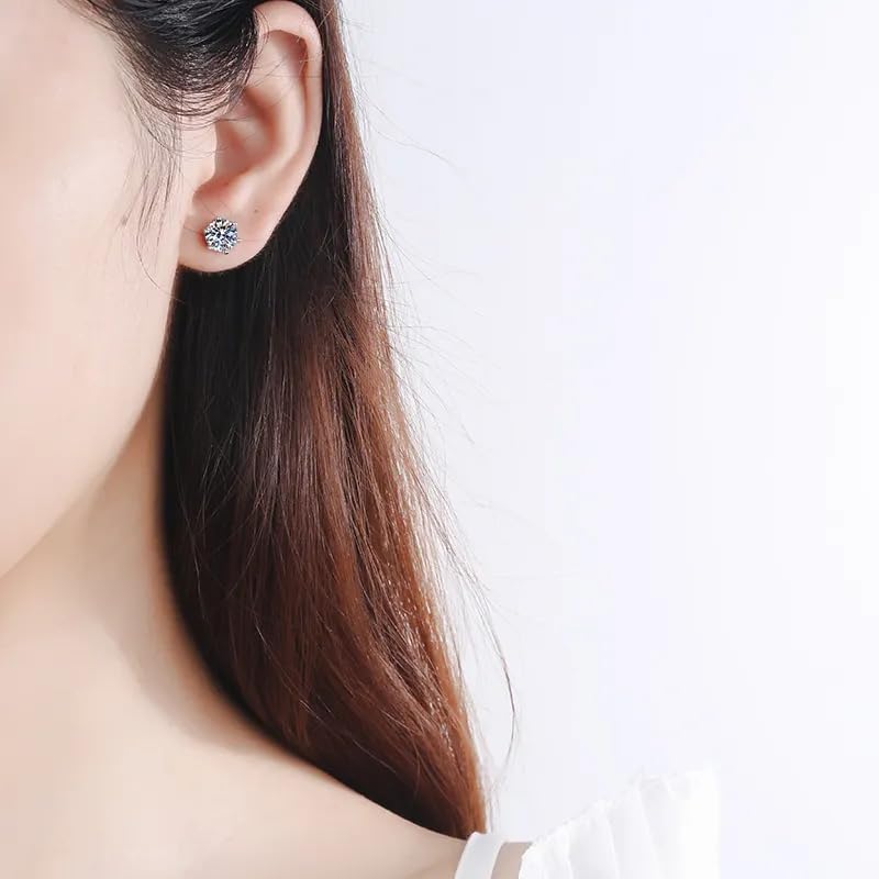 Image of 925 Sterling Silver Stud Moissanite Earrings, 0.6-2ct DF Color Brilliant Round Cut Friction Back for Women & Men, 18K White Gold Plated GRA certified