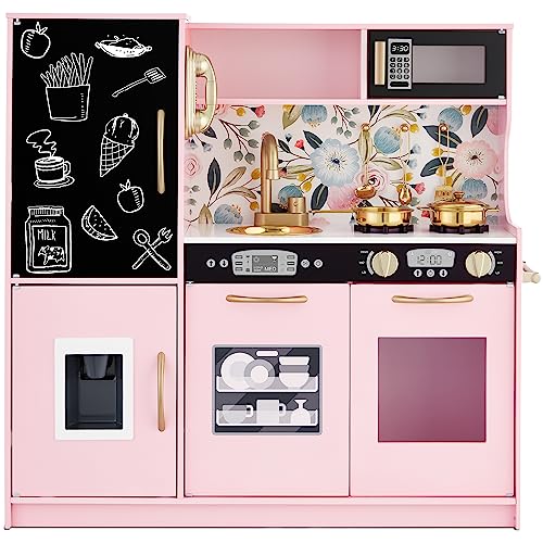 Comparison: Best Kitchen Set For Toddlers 5 Best Choice Products Pretend Play Kitchen Wooden Toy Set for Kids w/Realistic Design, Telephone, Utensils, Oven, Microwave, Sink - Pink Floral