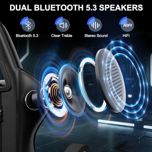 bigzzia Ergonomic Gaming Chair - Gamer Chairs with Lumbar Cushion + Headrest, Height-Adjustable Office & Computer Chair for Adults (with Bluetooth Speaker, Black)