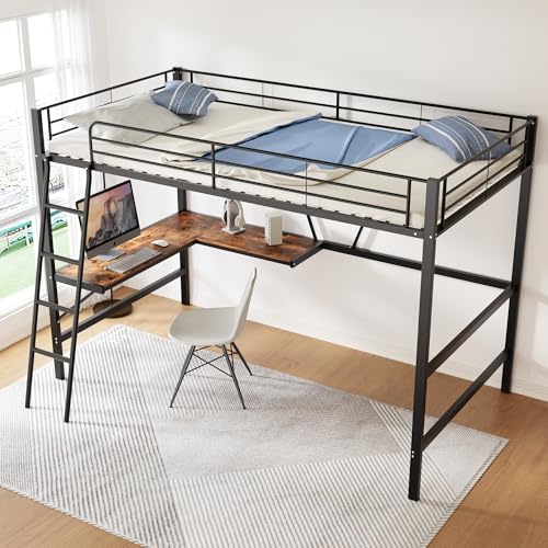 HUQIQWE Cama Alta 90x200 de Metal Negro con Cama con Escritorio, Escritorio en L y litera con Escritorio, con estantería, barandilla y Escalera, sin colchón, para Dormitorio y Estudio