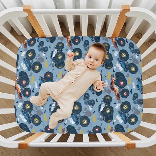 Image of Baby Crib Sheet Monster Truck Cars Crib Mattress for Boys and Girls Playard Sheet Soft Breathable Fitted Baby Mattress Cover 52x28in