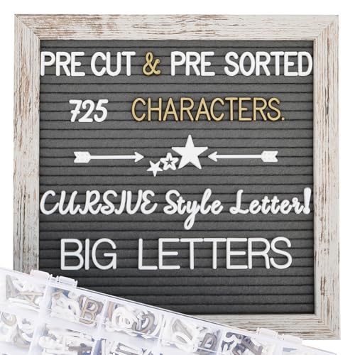 Felt Letter Board 10x10 Inch with Rustic Wood Frame, Pre Cut & Sorted 725 Letters, First Day of School Board, Classroom Decor Farmhouse Wall Decor Sign Board, Baby Announcements, Shabby Vintage Decor