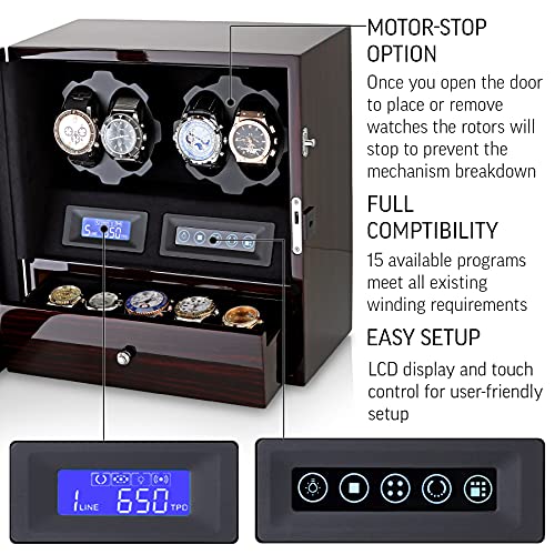 4-Watch-Winder-with-5-Watch-Storage-Space-LCD-Display-Touch-Control-and-Interior-Backlight-Ebony-Black-Velvet
