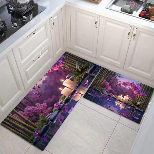 HASLEFND Tranquil Zen Style Kitchen Rug Mats Set of 2,