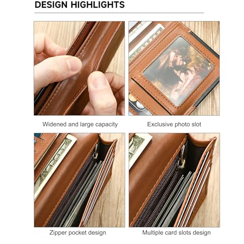 Cowhide Vintage Wallet, Genuine Leather Men's Long Handbag RFID Function, Holiday Gifts, Multifunctional Business Wallet (Brown)4