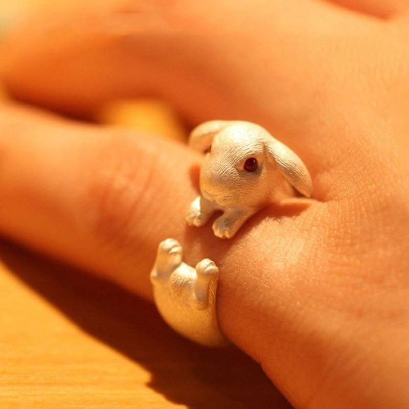 DTECGOUG Cute Rabbit Animal Ring 3D Adjustable Ring Zodiac Jewelry Ring Female Animal Ring Inlaid with Rhinestone Enamel3