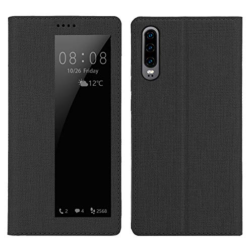 Preisvergleich Produktbild Huawei P30 Leder Tasche Handyhülle Flip klapphülle Standfunktion Kartenfach Magnetverschluß Card Holder kristallklarer TPU Sichtfenster Sleep Wake up Schutzhülle für Huawei P30 (Black)
