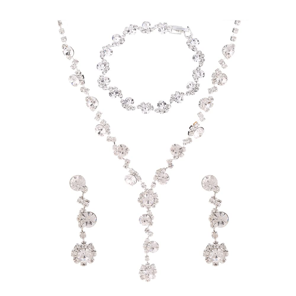FFWTPY Conjunto de Joyas de Boda de Plata Juego de Collar y Pendientes Pulsera Collares con Colgante de Cristal Conjunto de Joyería para Mujeres y Niñas