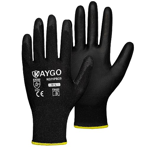 Image of KAYGO Safety Work Gloves for Men Women, PU Coated Palm & Fingers, KG11P | Smooth Grip, Breathable & Lightweight, 13-Gauge Seamless Knit, for Light Warehouse, Manufacturing, Gardening