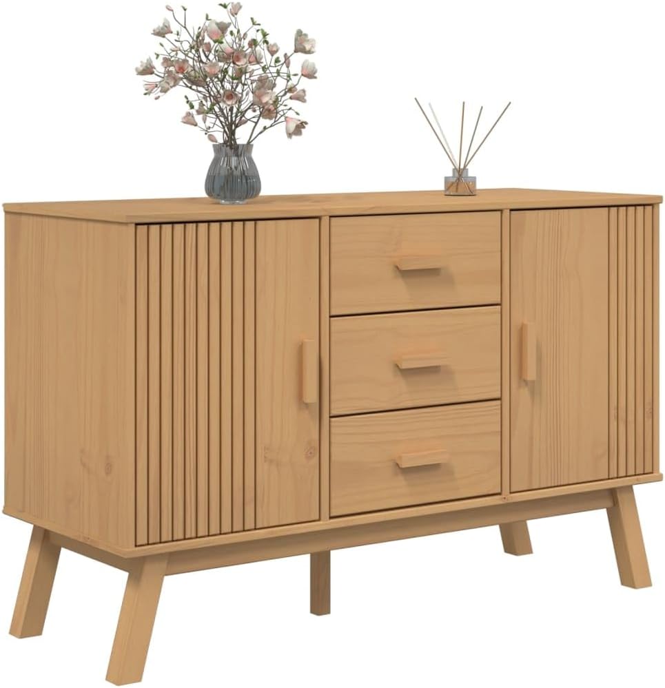 Scandinavian Style Sideboard in Warm Brown Solid Pine Wood 45 Inches Wide with Multiple Drawers and Spacious Cabinet Storage for Living Room Hallway