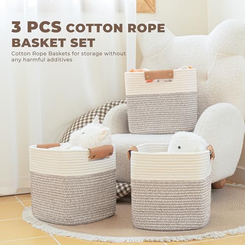 danpinera 11 Inch Storage Baskets, Woven Baskets for Organizing, 3 Pack Storage Cubes for Shelves, Closet, Nursery with Removable Leather Handles, White & Mixed Brown