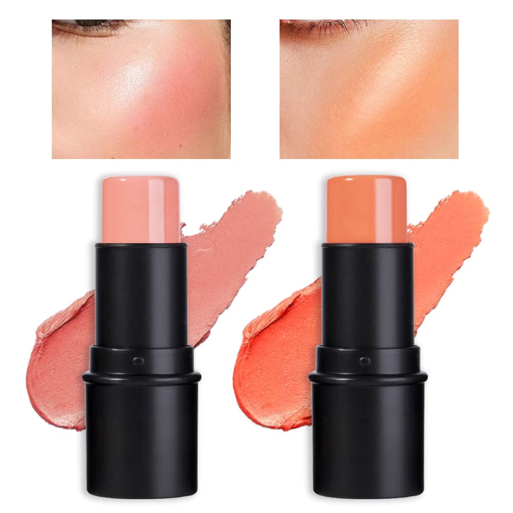 evpct2Pcs Shimmer Orange Cream Blush Stick for Cheeks Lips Tint Eyes Contour Highlighter Makeup Sticks Lightweight Hydrating formula rubor en crema para los cachetes 02 Coral Pink & 03 Coral Orange