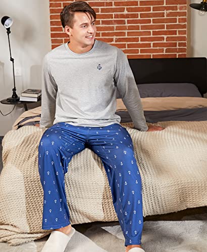 Image of Yoimira Mens Soft Pajama Set Short /Long Sleeve 2 Piece PJs with Pockets | Men's short /long sleeve pajama set, soft 2 piece PJs with pockets for sleepwear, loungewear, relaxing at home and nightwear