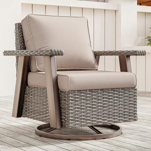 MeetLeisure Outdoor Wicker Swivel Rocking Chair - Patio High Back 360 Degree Rocker Armchair, with Grey Rattan and Beige Cushion (Beige)