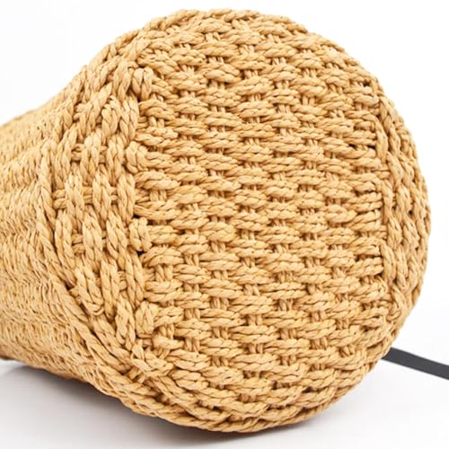 Bolso de paja tipo tote para mujer, bolso cilíndrico tejido a mano con cinta, ideal para playa, vacaciones, viajes y uso diario miniatura 6