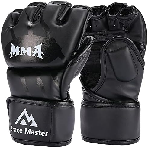 Brace Master MMA Gloves UFC Gloves Boxing Gloves for Men Women Leather More Paddding Fingerless Punching Bag Gloves for Kickboxing, Sparring, Muay Thai and Heavy Bag (Black, Medium)