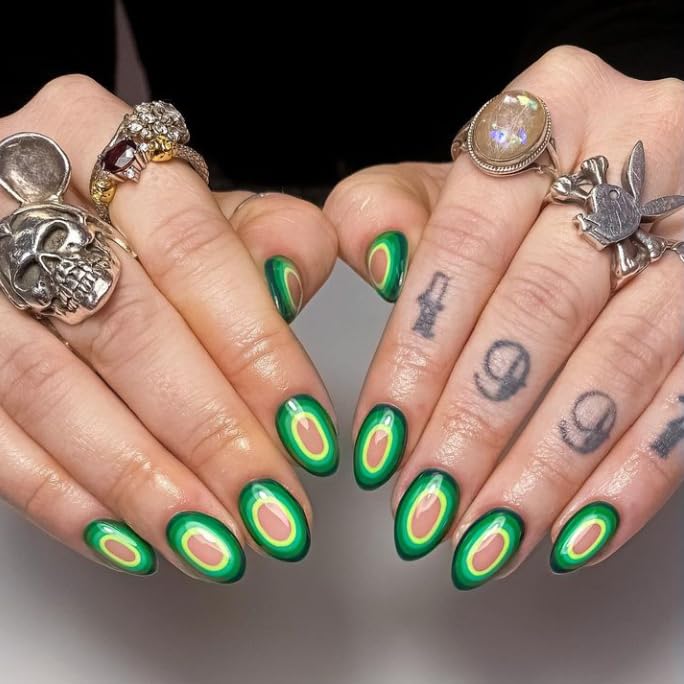 Cute Nails Short Press on Nails Almond Shape Fake Nails Green Acrylic Nails Funny Circle Nails Press ons with Green Gradient Designs Full Cover Glue on Nails for Women Nail Decor 24 Pcs Style 7