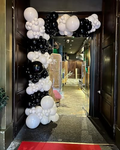 Image of 153Pcs Black and White Balloons Garland Arch Kit with Stars - 22 18 12 10 5 inch Different Size Black White Confetti Balloons for Birthday Anniversary Wedding Graduation Party Decorations