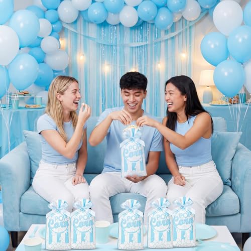 Image of 50 Pcs Popcorn Plastic Bags Circus Carnival Party Goodie Bags Bulk Movie Night Popcorn Container for Carnival Movie Night Theater Halloween Party Supplies (Blue)