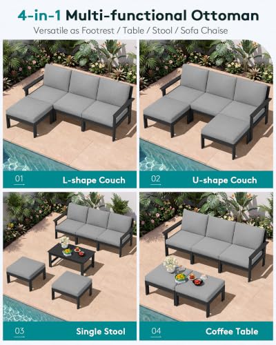 Image of SERWALL HDPE Outdoor Ottoman with Cushions for Outdoo Sofa | Black Frame & Gray Cushions
